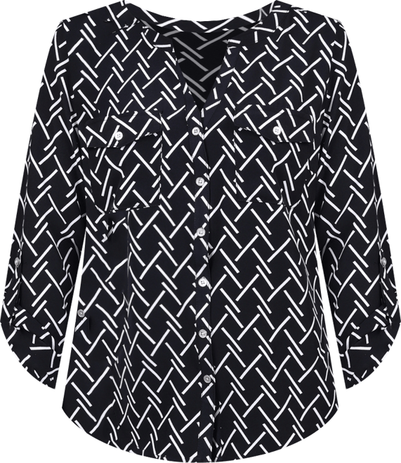 Women's 3/4 Roll Tab Sleeve Mandarin Collar Blouse