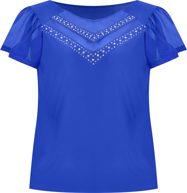 Plus Size Studded Short Flutter Sleeve Top with Mesh Details