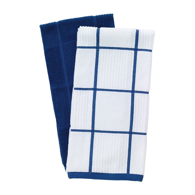 T-Fal Textiles 6-Piece Solid and Check Parquet Cotton/Terry Kitchen Dish Towel Cloth Set (Blue)