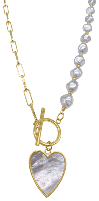 Imitation Pearl and Chain Heart Toggle Necklace
