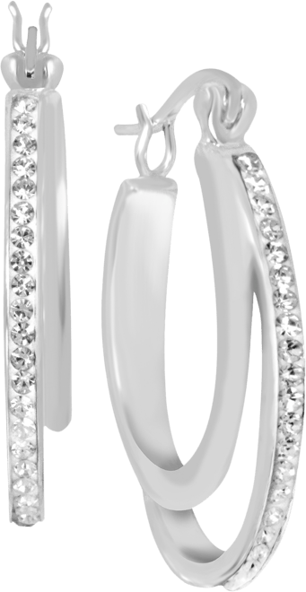 Crystal Double Hoop Earrings in Silver-Plate, 1.2"