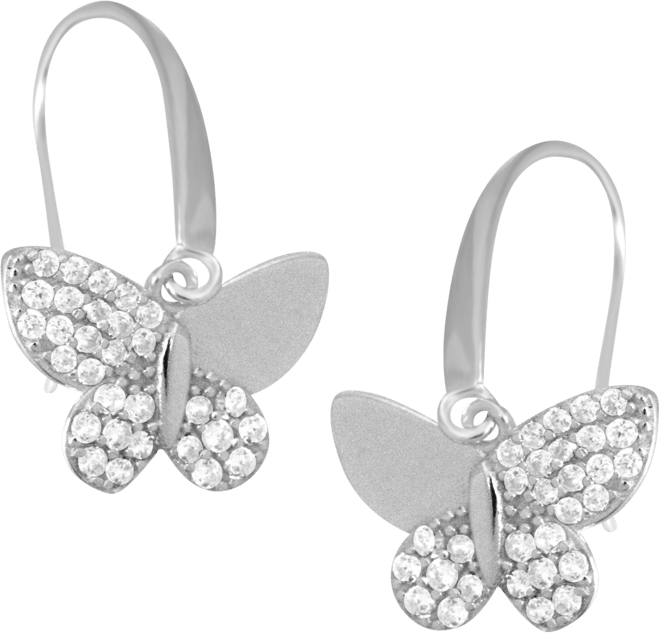 Cubic Zirconia Butterfly Drop Earring in Silver Plate, Gold Plate or Rose Gold Plate