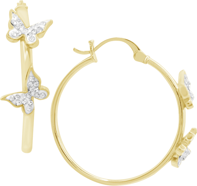 Hoop Earring with Clear Crystal Butterflies in Silver Plate or Gold Plate