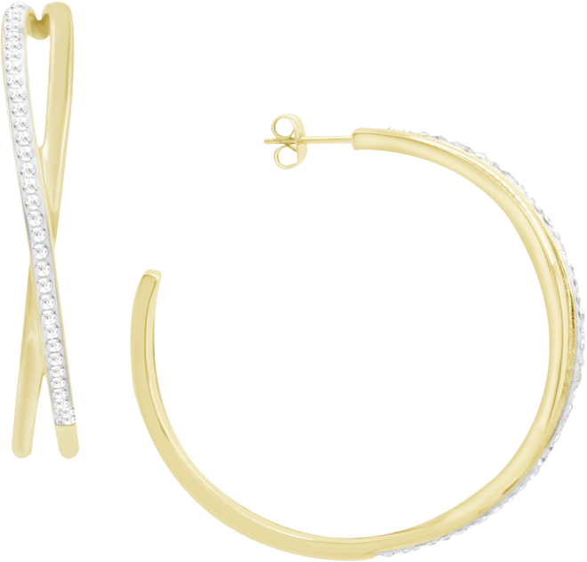 Criss Cross Clear Crystal C Hoop Earring, Gold Plate and Silver Plate