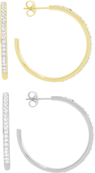 High Polished Clear Crystal Duo C Hoop Earring Pair, Gold Plate and Silver Plate
