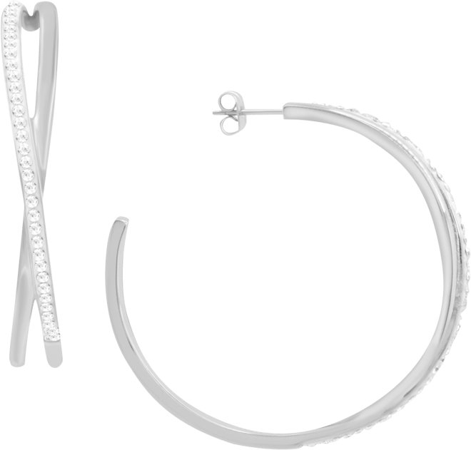 Criss Cross Clear Crystal C Hoop Earring, Gold Plate and Silver Plate