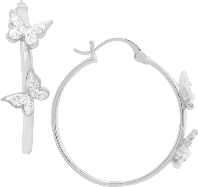 Hoop Earring with Clear Crystal Butterflies in Silver Plate or Gold Plate