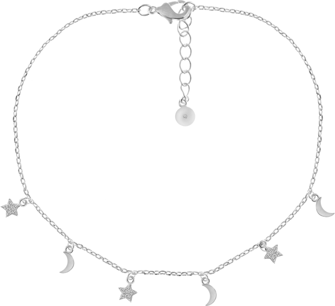 Clear Cubic Zirconia Moon & Star Anklet in Silver Plate