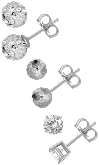 3-Pc. Set Cubic Zirconia, Hammered-Look and Crystal Ball Stud Earrings in Silver-Plate