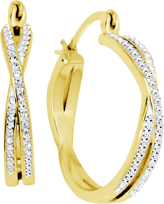 Crystal Small Crossover Hoop Earrings, 0.95" in Silver Plate or Gold Plate