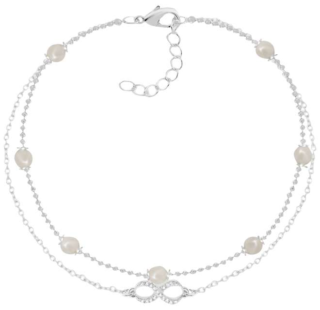 Imitation Pearl & Crystal Infinity Double Row Ankle Bracelet in Silver-Plate