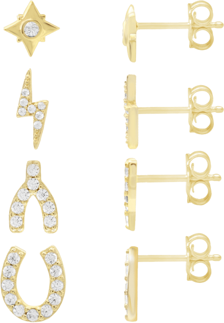 High Polished and Cubic Zirconia Multi Motif Mix Match 4 Stud Earring Set, Gold Plate