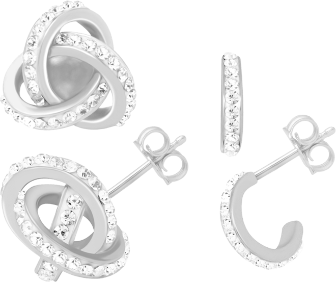 Clear Crystal Loveknot and C-hoop Duo Earring in Silver Plate or Gold Plate