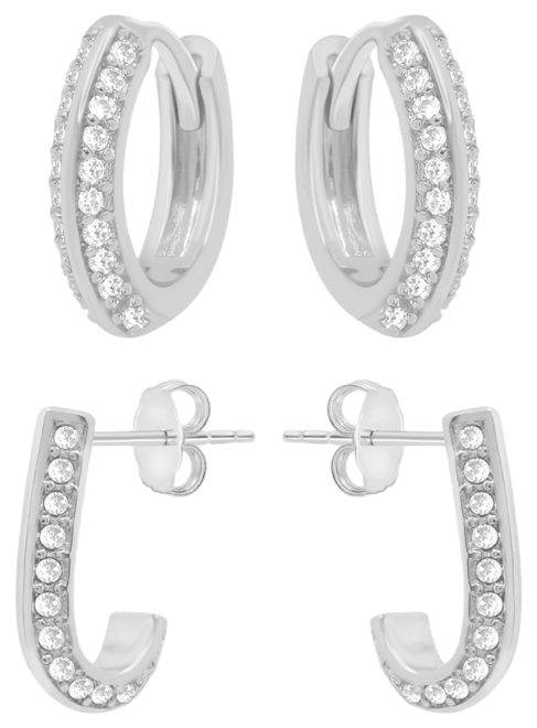 Cubic Zirconia Huggie Hoop and J Hoop Duo Set, Gold Plate and Silver Plate