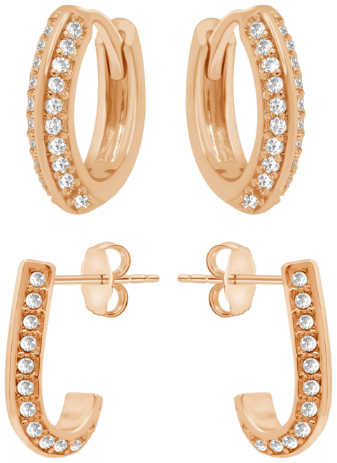 Cubic Zirconia Crystal Huggie Hoop and J Hoop Duo Earring Set, Rose Gold Plate