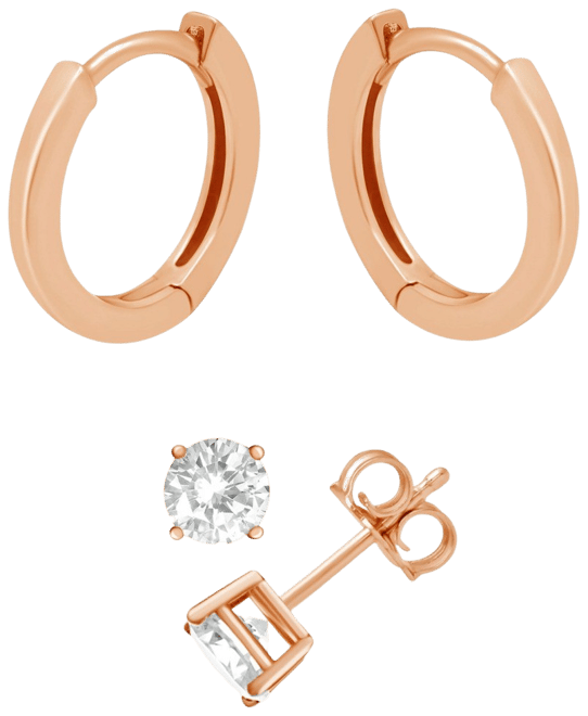 Cubic Zirconia Round Stud Polished Huggie Hoop Earring, Rose Gold Plate