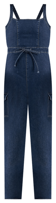 Juniors' Belted Denim Jumpsuit with Ruffle