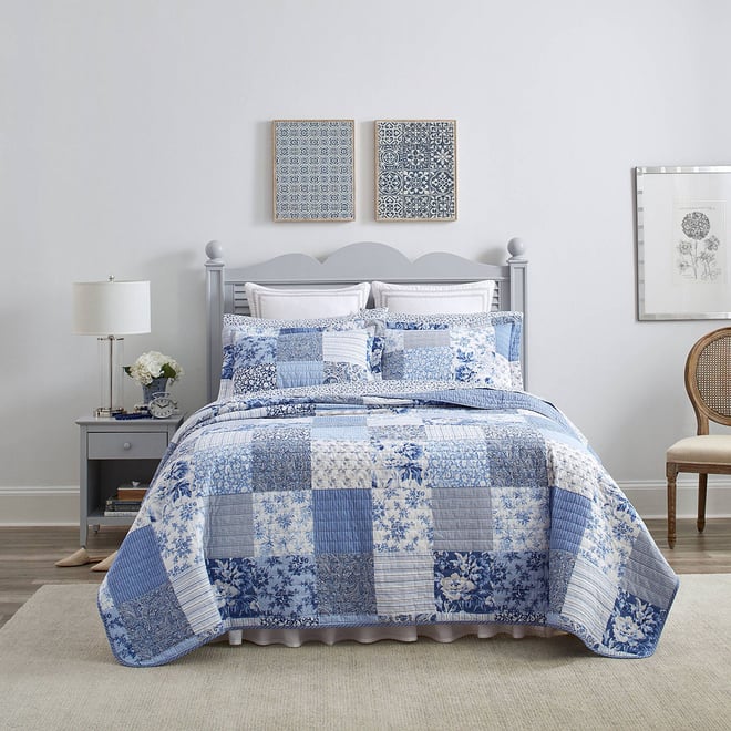 Laura Ashley Paisley Floral Reversible Quilt Set, Color: Blue