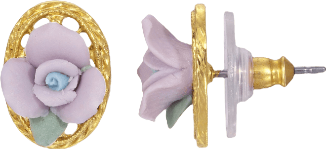 14K Gold Plated Rose Oval Lattice Button Earrings