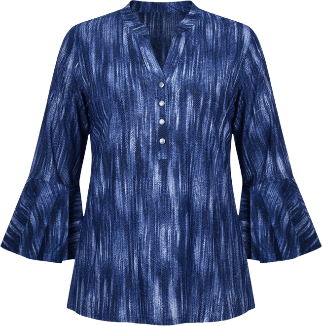 Petite 3/4 Bell Sleeve Printed Pleat Front Y-neck Top