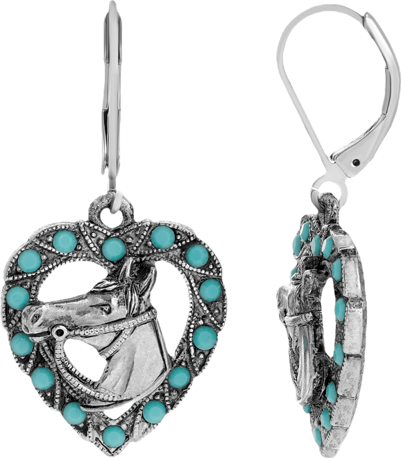 Women's Silver-tone Turq Horse Head Heart Earrings