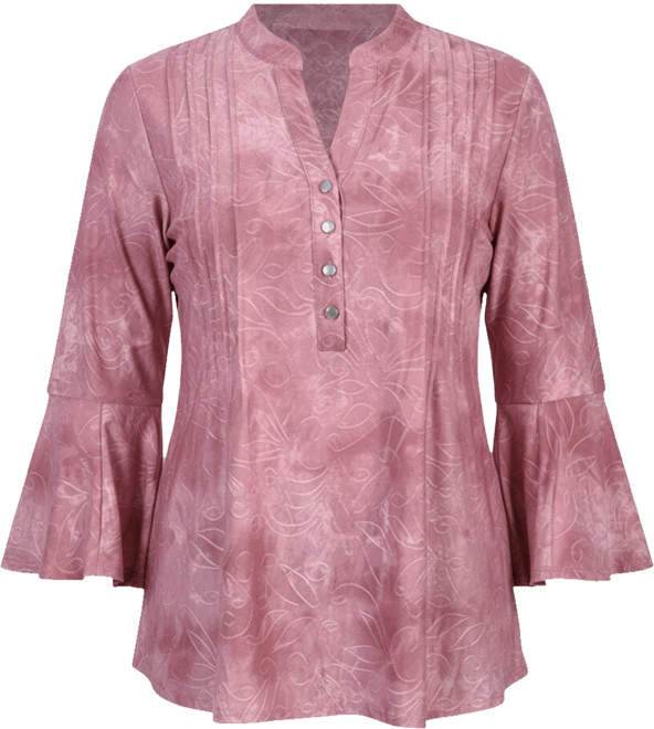 Petite 3/4 Bell Sleeve Printed Pleat Front Y-neck Top