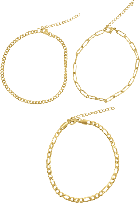 Curb Chain, Paper Clip Chain, and Figaro Chain Anklet Set