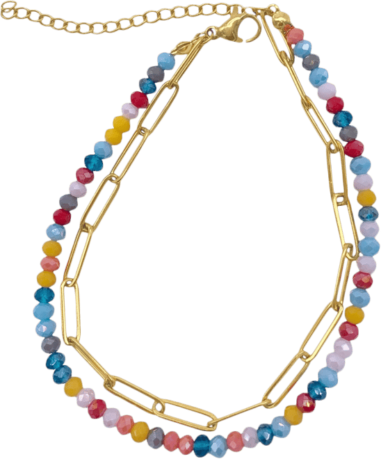 Multi Color Bead and Paper Clip Chain Double Bracelet