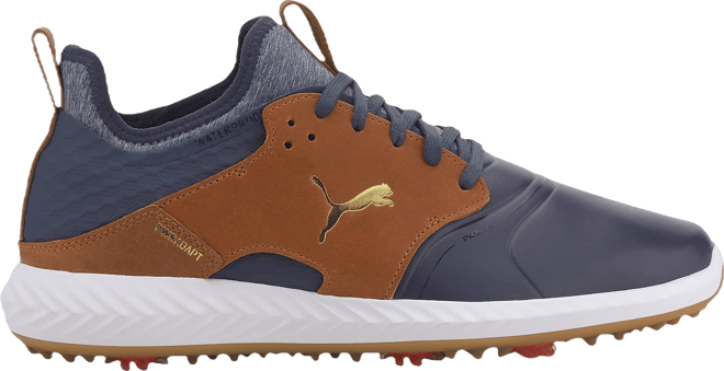Puma IGNITE PWRADAPT Caged Crafted Golf Shoes Peacoat/Brown/Gold