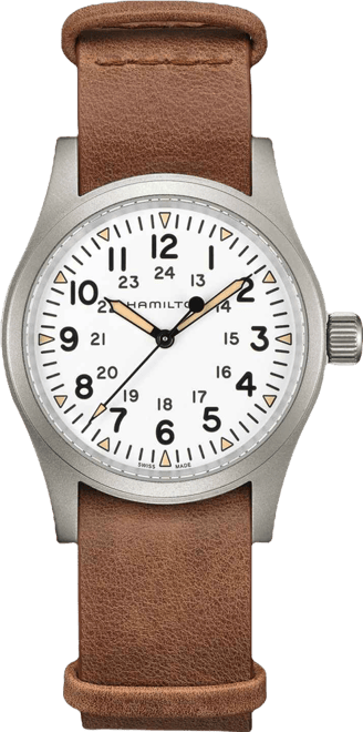 Men's Swiss Mechanical Khaki Field Brown Leather Strap Watch 38mm