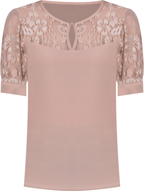 Women's Short Puff Sleeve Top with Lace Sleeves and Yoke