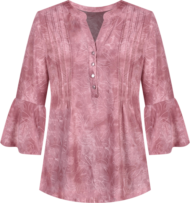 Women's 3/4 Bell Sleeve Pleat Front Y-neck Top