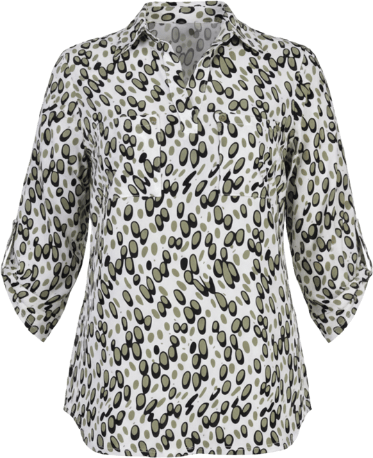 Petite 3/4 Ruched Sleeve Studded Y-neck Top