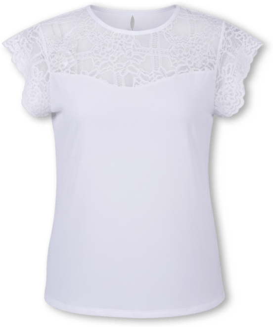 Petite Size Crepe Knit Top with Lace Flanged Sleeve and Yoke