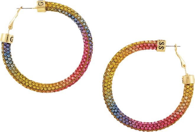 Gold-Tone Pave Crystal Ombre Rainbow Sparkle Hoop Earrings, 2"
