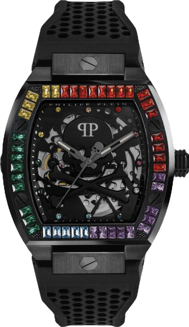 Men's Automatic The $keleton Rainbow Crystal and Black Silicone Strap Watch 44mm
