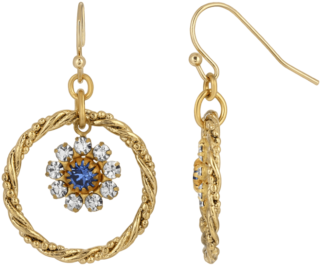 Women's Gold-tone Blue Crystal Flower Drop Hoop Earrings