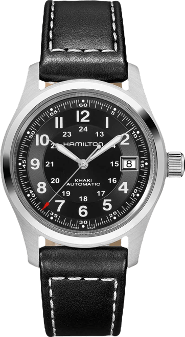 Men's Swiss Automatic Khaki Field Black Leather Strap Watch 38mm