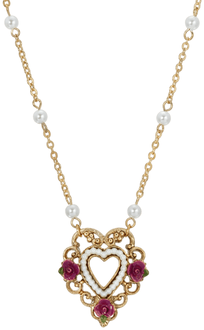 Women's Enamel Flower Imitation Pearl Rimed Open Heart Necklace