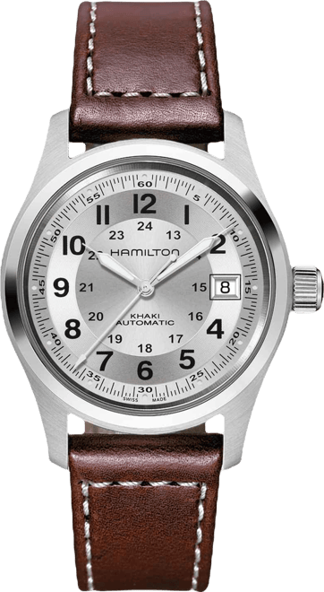 Men's Swiss Automatic Khaki Field Brown Leather Strap Watch 38mm