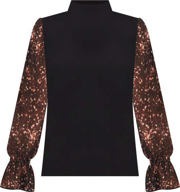Women's Sheer Printed Long-Sleeve Mock Neck Top