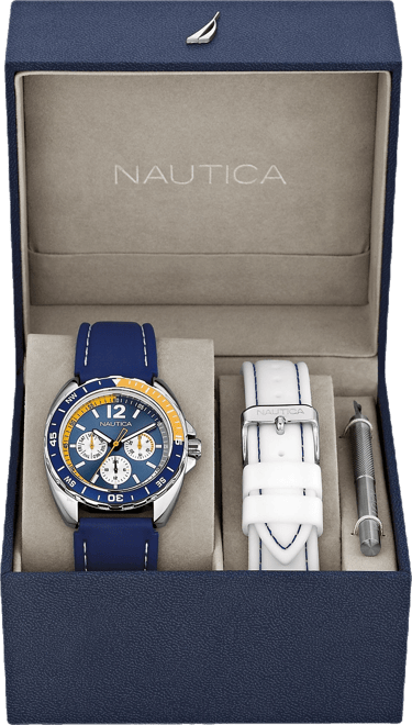 Men's N09915G Sport Ring Multifunction Navy Resin Strap Watch Box Set with White Resin Strap