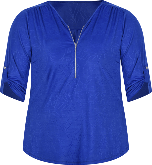 Plus Size 3/4 Roll Tab Zip Front Jacquard Knit Top