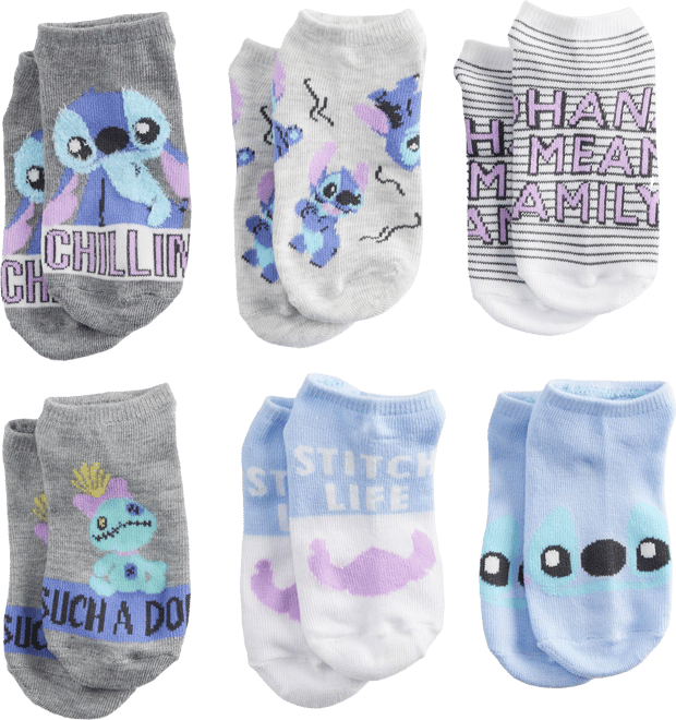 Disney's Lilo & Stitch Girls 6 Pack No-Show Socks, Girl's, Size: 6-8 1/2, Grey