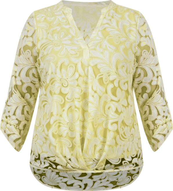 Plus Size Long Sleeve Burnout Y-Neck Blouse