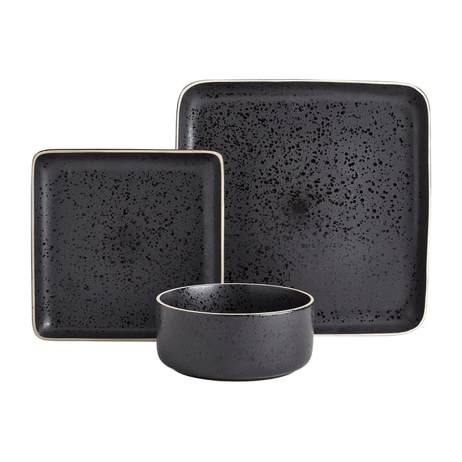 12 Piece Square Stoneware Dinnerware Set in Grey and Black