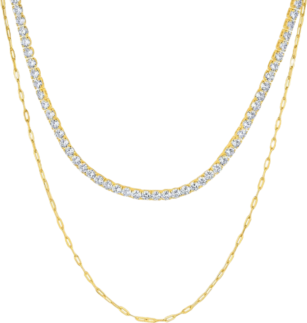 Double Row Chain with Cubic Zirconia Tennis Necklace and Clip Chain Necklace