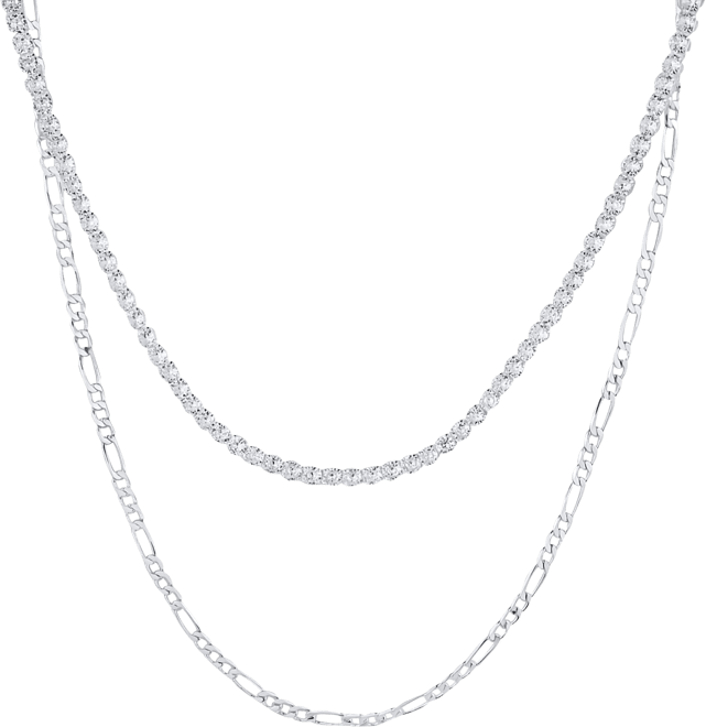 Double Row Chain with Cubic Zirconia Tennis Necklace and Clip Chain Necklace