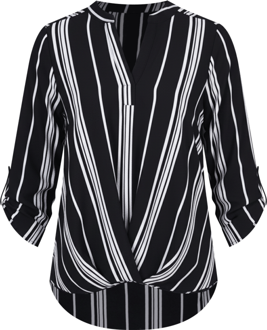 Petite Size 3/4 Push Tab Mandarin Collar Blouse with Front Pleats