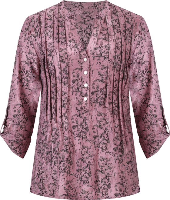 Petite 3/4 Roll Tab Sleeve Printed Pintuck Top